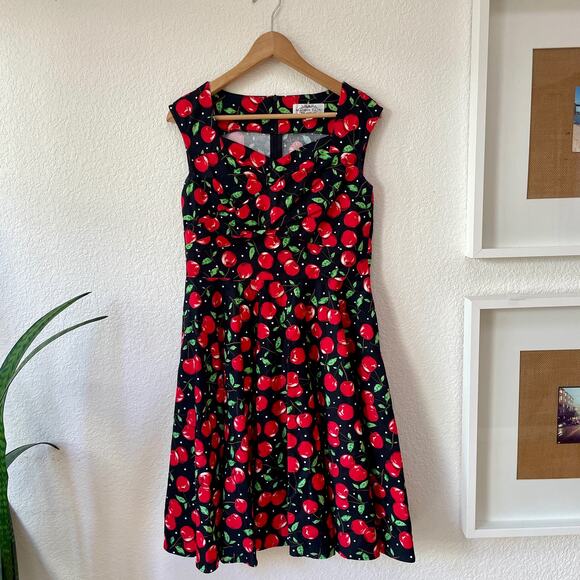 Maggie Tang Vintage Inspired Rockabilly Dress Sz. L Black with Red Cherries - Picture 1 of 11